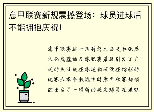 意甲联赛新规震撼登场：球员进球后不能拥抱庆祝！